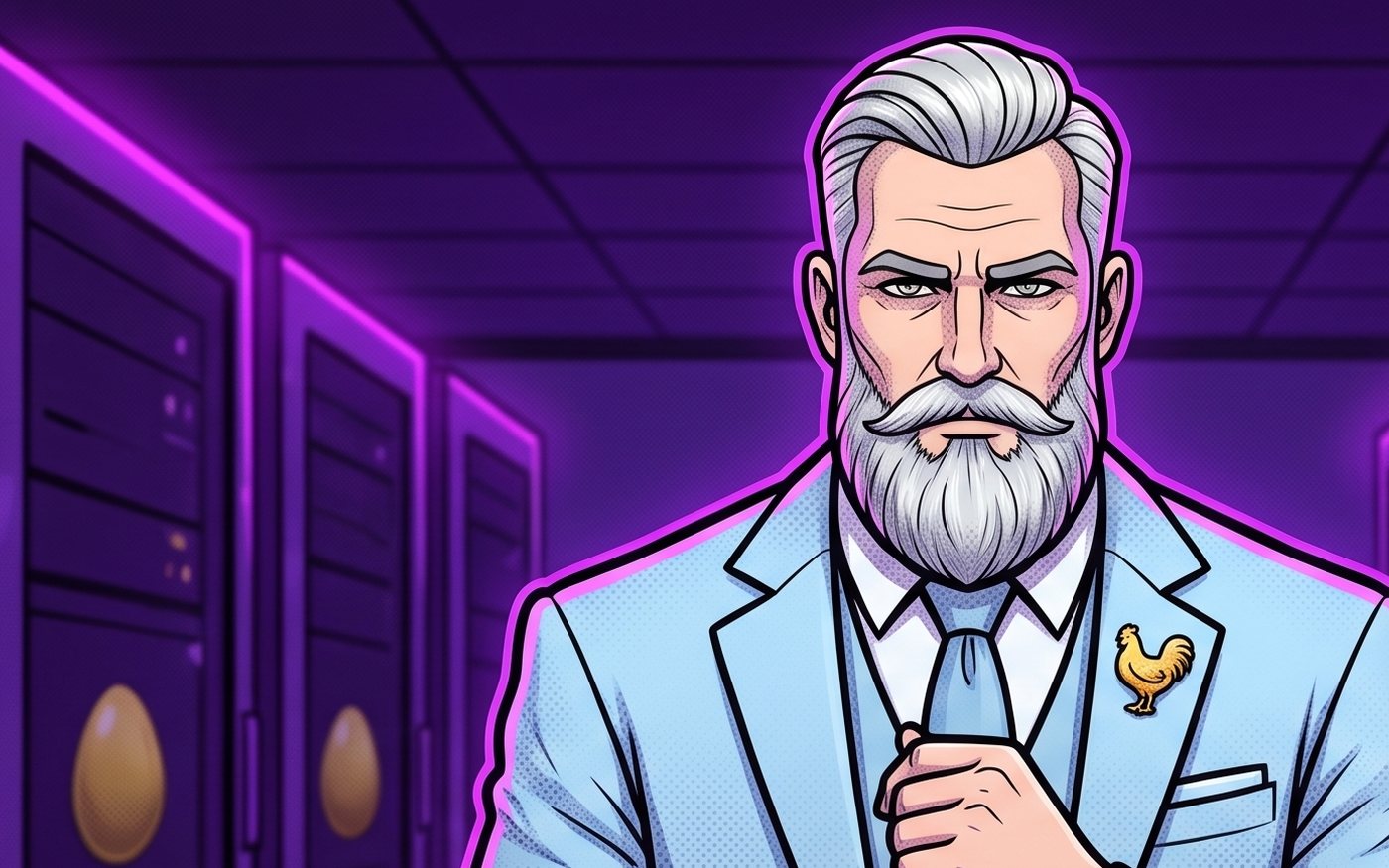 Mr. Hen: a tall platinum-haired, silver-bearded dark pool CEO in an ice-blue suit with a golden hen lapel pin, in a purple server room