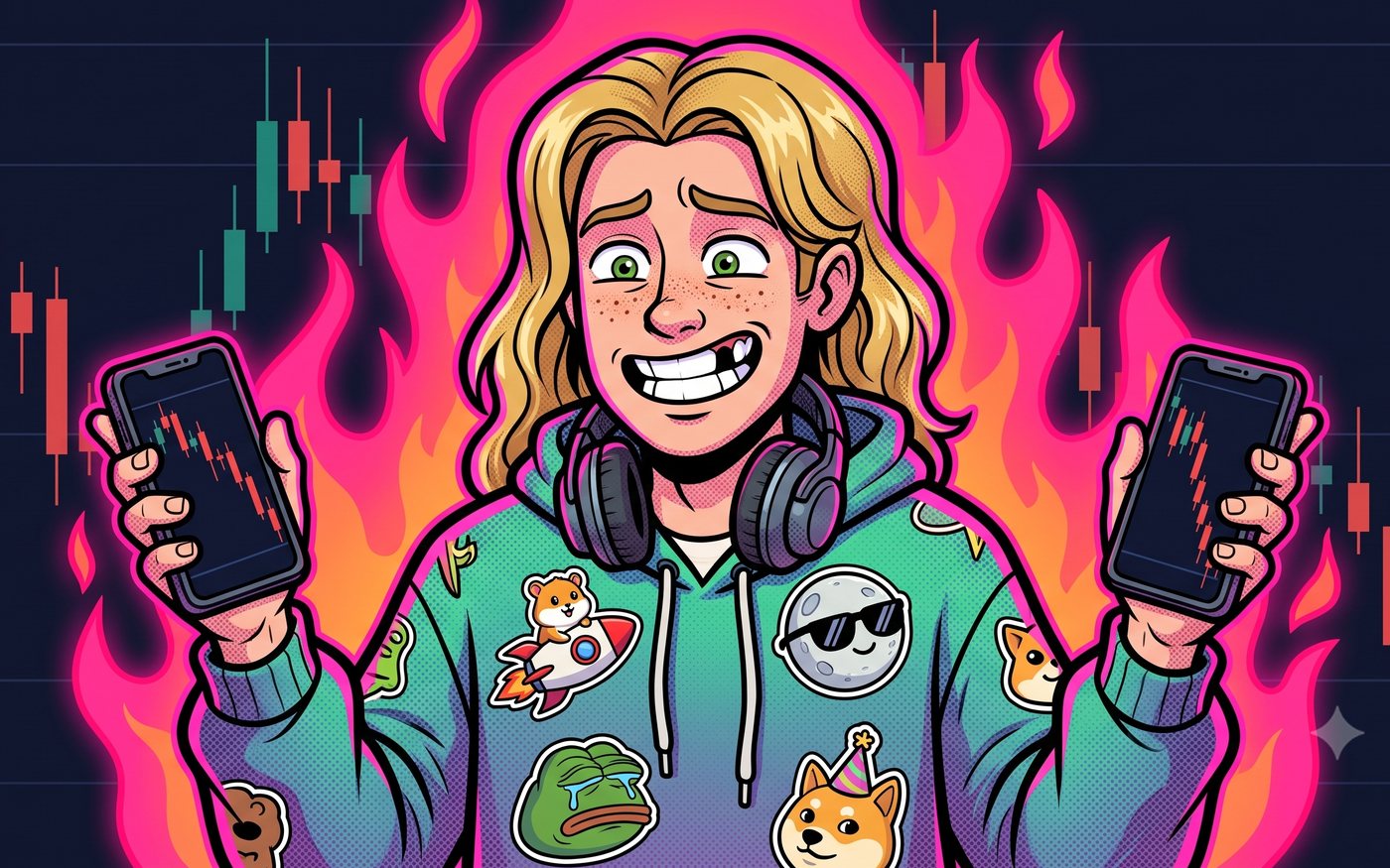 Pinky Degen: a long-haired blond degen with freckles and headphones, grinning with a chipped tooth, holding two phones with red candles, pink flame aura