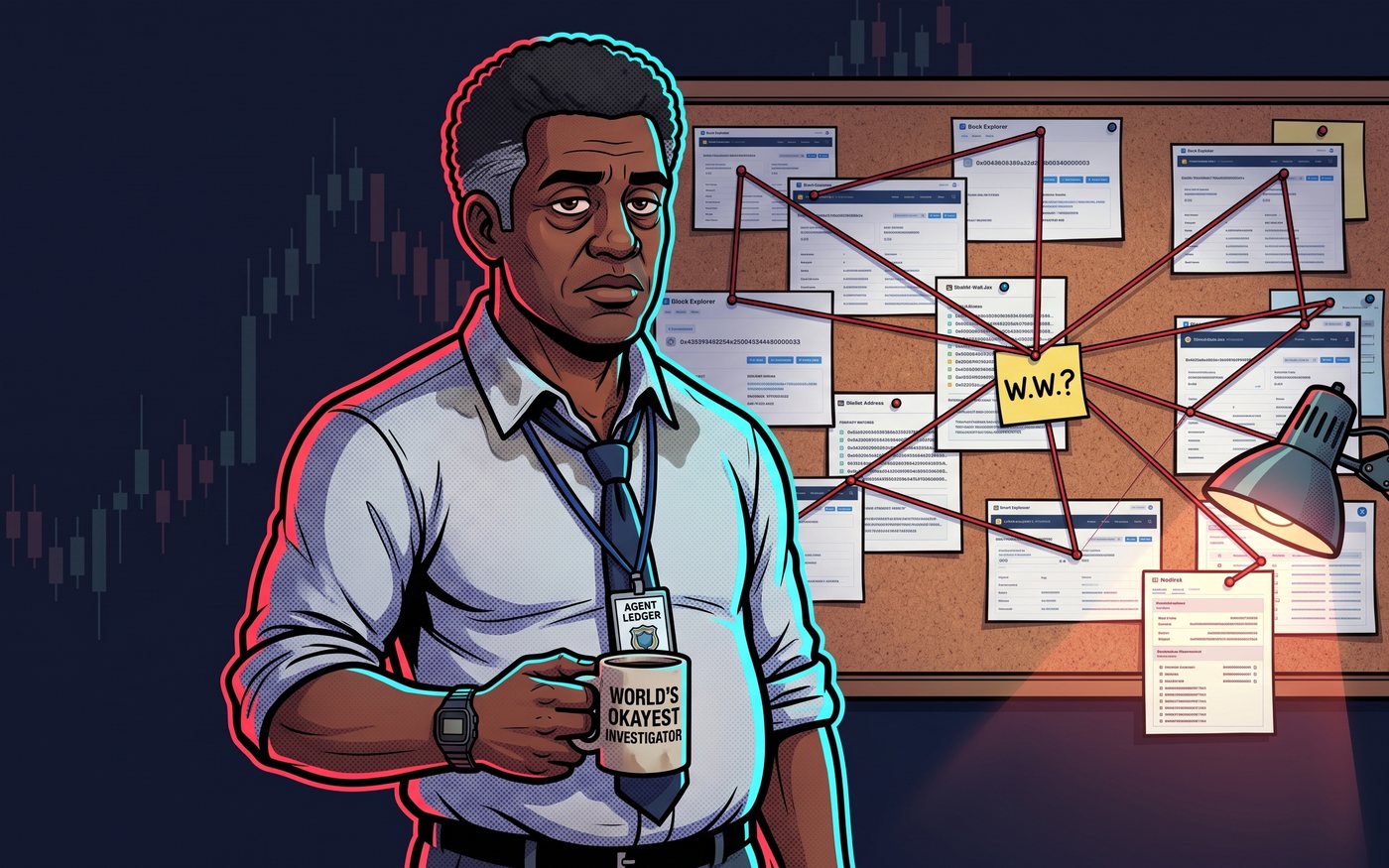 Agent Ledger, a tired financial-crimes investigator with a coffee mug and an ID lanyard, in front of a red-string evidence board with a W.W.? note