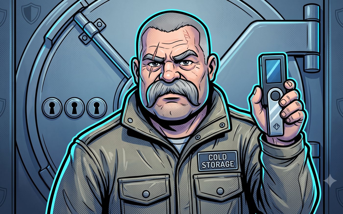 Mike the Multisig: a heavyset veteran with a gray walrus mustache in a COLD STORAGE jacket, holding up a hardware wallet in front of a vault door