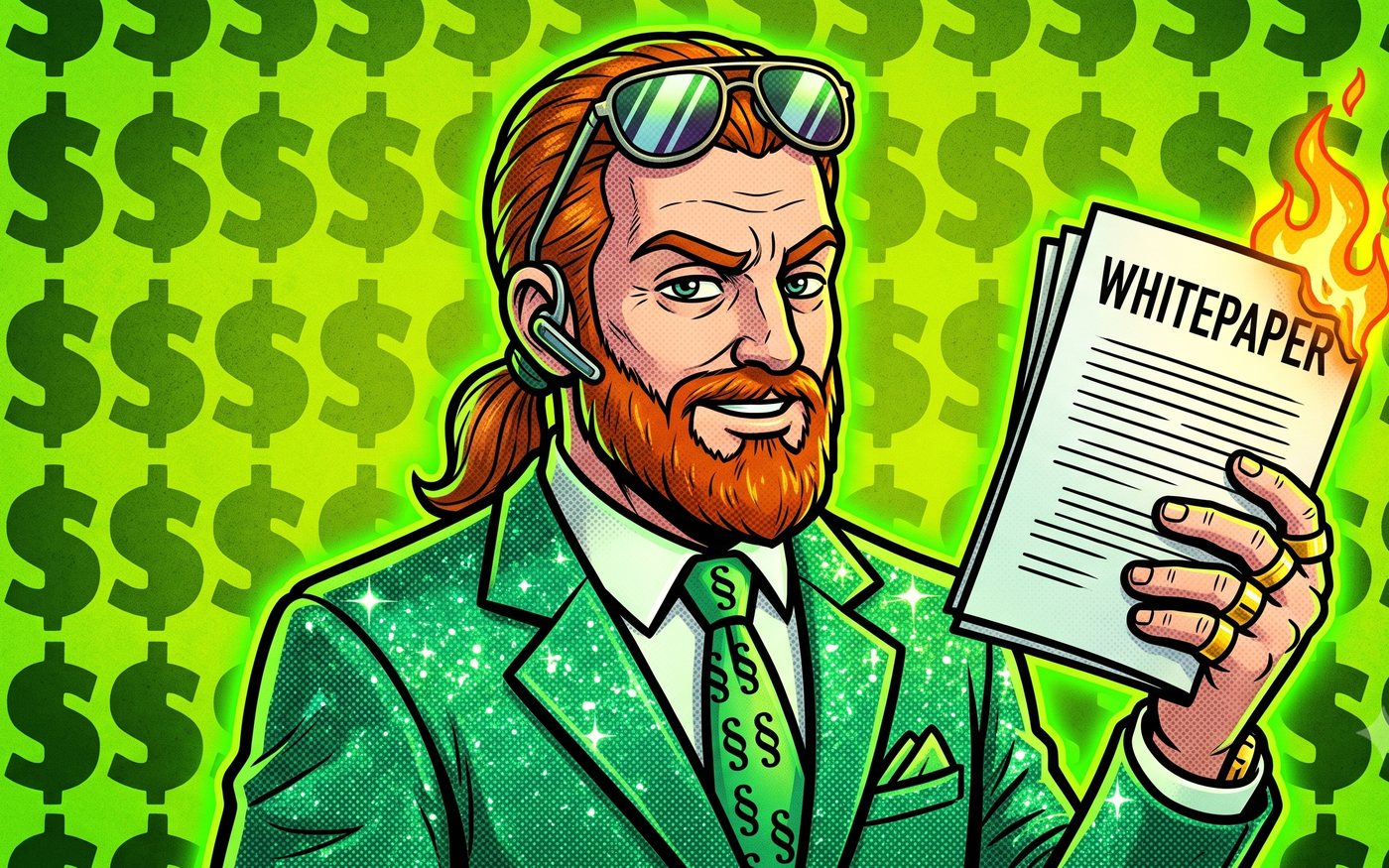 Sol Loopholeman: a red-bearded ponytailed crypto lawyer in a glittering green suit, holding a whitepaper with a burning corner, dollar-sign background