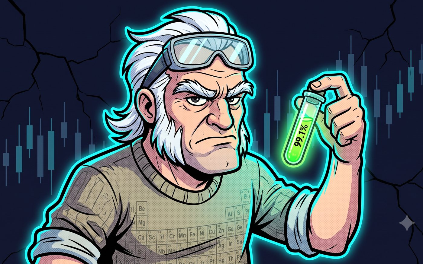 Walter Wallet, The Chemist: a white-haired retired chemistry teacher with lab goggles on his forehead, holding a glowing 99.1% vial, cyan aura